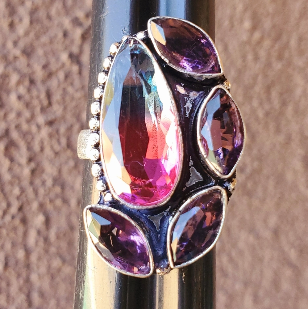 New Bi-Color Tourmaline & Amethyst 925 Silver Ring.